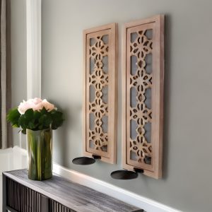 Set of Two Tan Lattice Wall Sconce Candle Holders