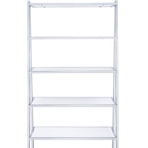 71" White and Silver Metal and Glass Five Tier Ladder Bookcase