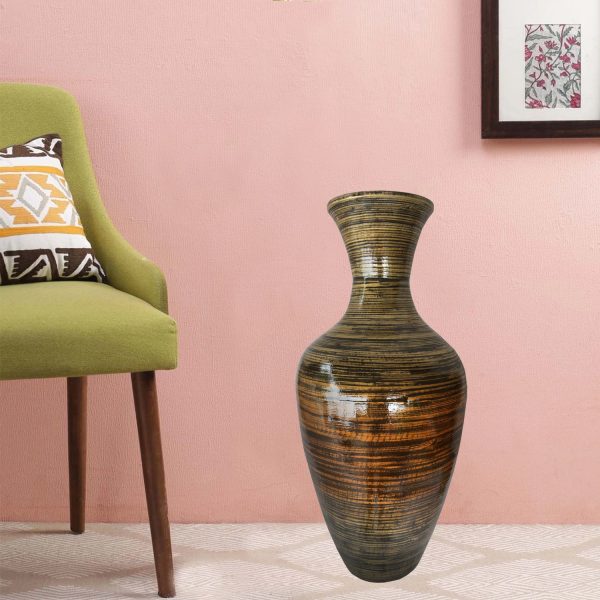 25" Black and Gold Striped Urn Bamboo Floor Vase - Image 2