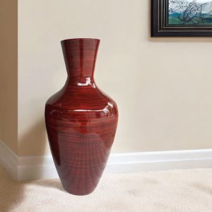 30" Red Lacquer Spun Bamboo Floor Vase