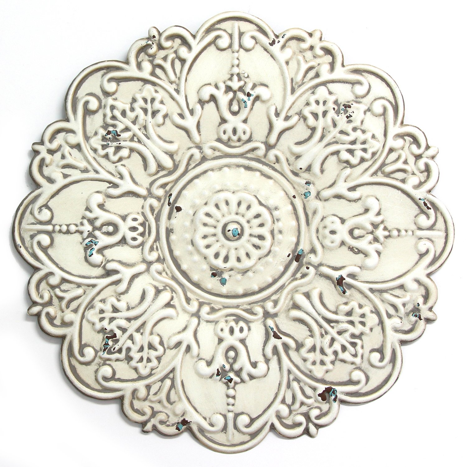 13" White Medallion Distressed Metal Wall Decor