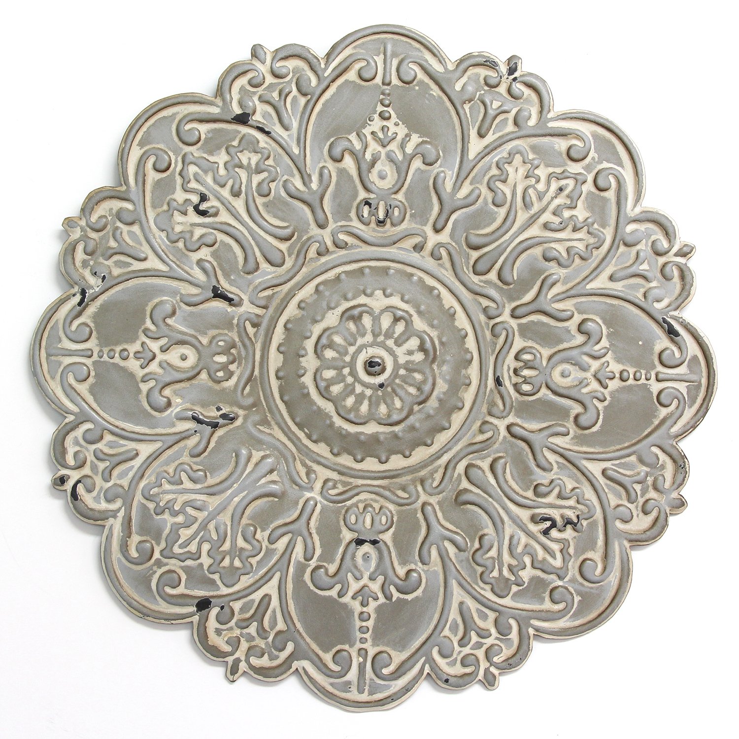 13" White Medallion Distressed Metal Wall Decor