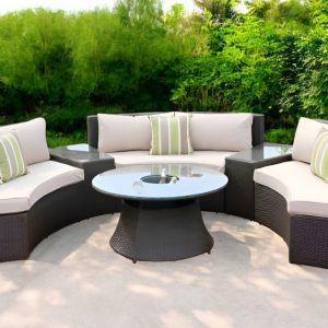 Six Piece Outdoor Black Wicker Sectional Seating Group with Beige Cushions