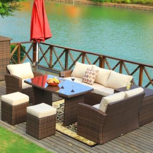 179.85" X 31.89" 32.68" Brown 7Piece Steel Outdoor Sectional Sofa Set With Ottomans And Storage Box