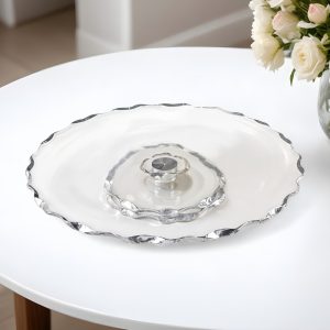 13" Clear and Silver Round Glass Hand Finished Lazy Susan