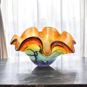 17" Red Yellow and Green Wavy Glass Centerpiece Bowl