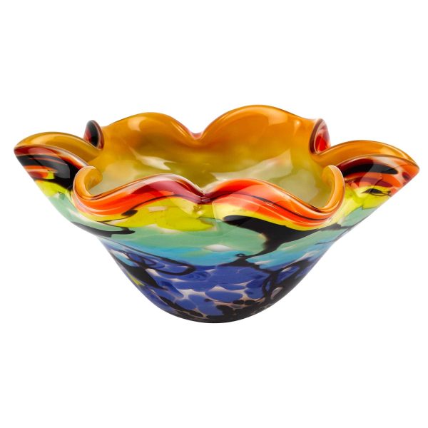 9" Rainbow Multi Art Glass Wavy Centerpiece Bowl - Image 3