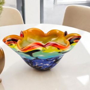 9" Rainbow Multi Art Glass Wavy Centerpiece Bowl