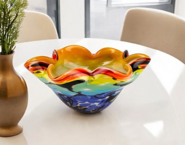 9" Rainbow Multi Art Glass Wavy Centerpiece Bowl