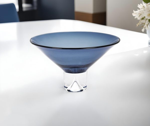 11" Blue Mouth Blown Crystal Round Pedestal Centerpiece Bowl