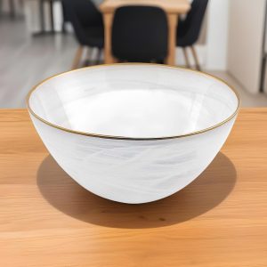 10" White and Gold Alabaster Glass Round Serving Bowl