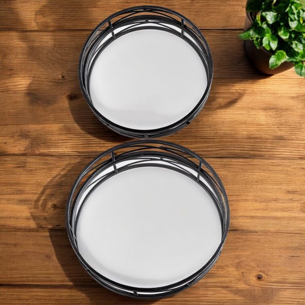 Set of Two Black Round Metal Indoor Outdoor Tray With Handles - Image 2