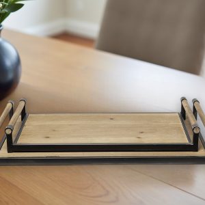 Set of Two Brown Wood Indoor Outdoor Serving Tray With Handles