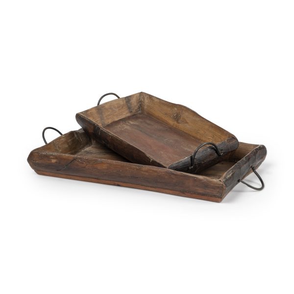 Set of Two Brown Rectangular Wood Indoor Outdoor Serving Tray With Handles - Image 2