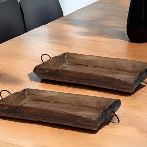 Set of Two Brown Rectangular Wood Indoor Outdoor Serving Tray With Handles