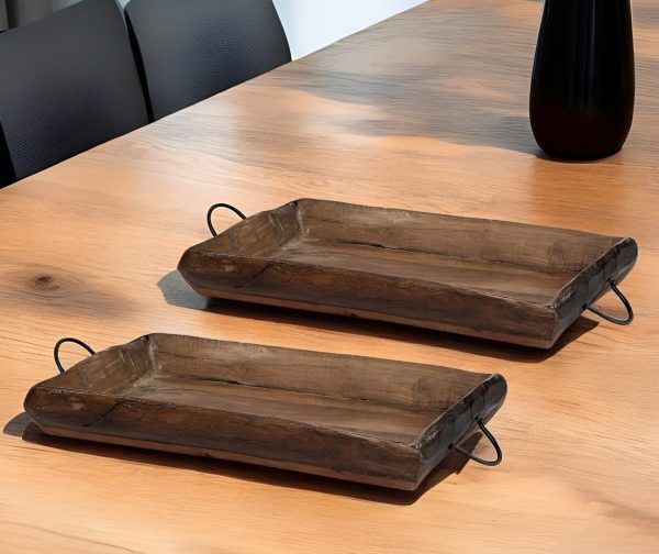 Set of Two Brown Rectangular Wood Indoor Outdoor Serving Tray With Handles