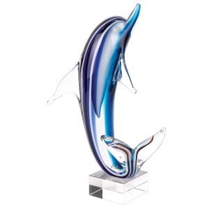 14" Blue Murano Glass Dolphin Figurine Tabletop Sculpture