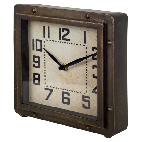 Square  Bronze Toned Metal Desk Table Clock With Traditional Black Numbers And Hands - Image 2