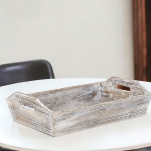 White Rustic Finish Wood Serving Tray With Handles