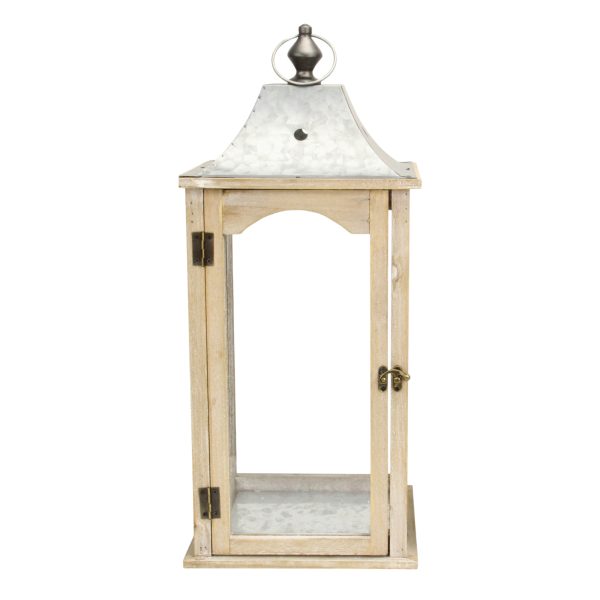 Set Of 2 Brown Wood Finished Frame Glass And Metal Top Lanterns