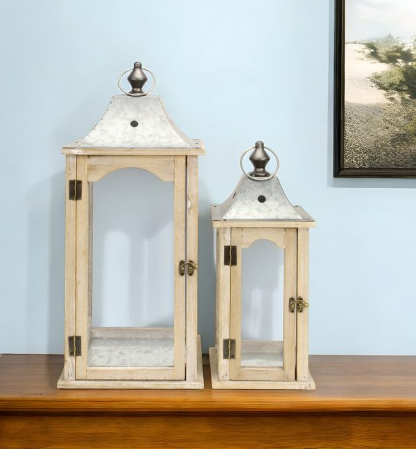 Set Of 2 Brown Wood Finished Frame Glass And Metal Top Lanterns - Image 2