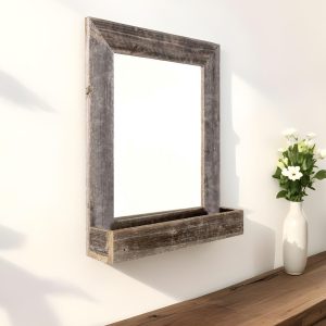 Rustic Weathered Gray Reclaimed Wood Plank Mirror With Shelf