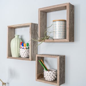 Set Of 3 Square Smoky Black Reclaimed Wood Open Box Shelve