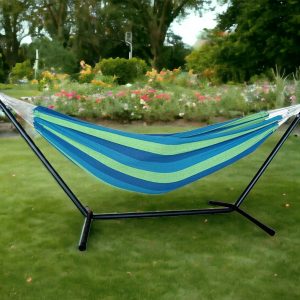 Blue And Green Stripe Two Person Hammock With Stand