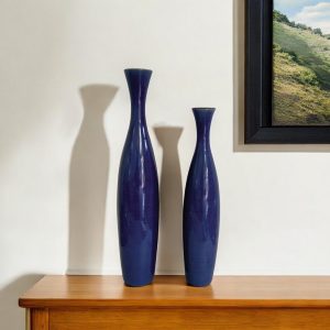 Set Of 2 Deep Indigo Blue Ceramic Tall Thin Vases