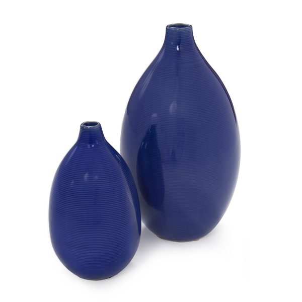 Set Of 2 Deep Indigo Blue Ceramic Bulb Vases - Image 2