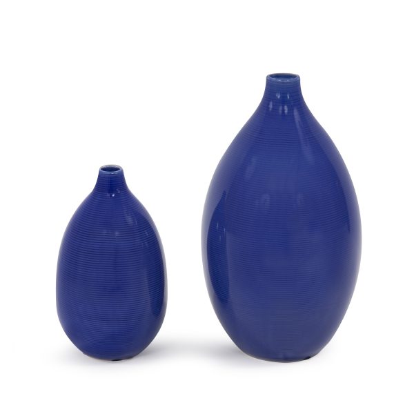 Set Of 2 Deep Indigo Blue Ceramic Bulb Vases - Image 3