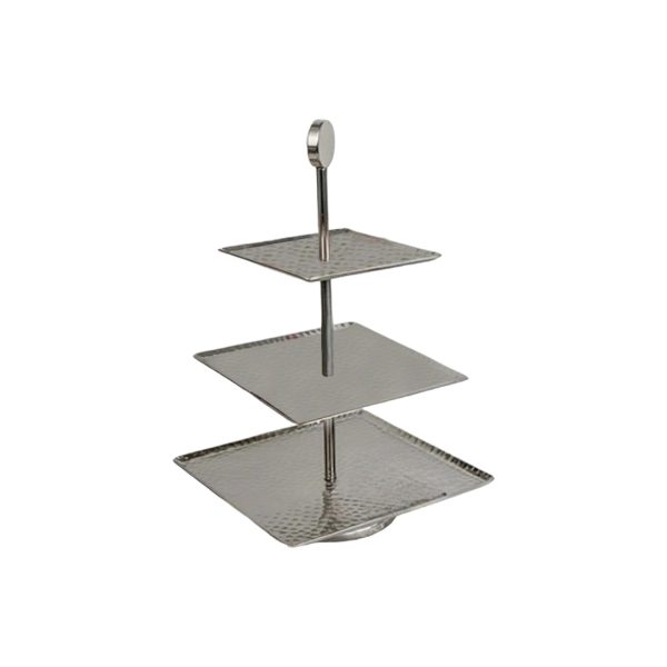 14" Silver Square Stainless Steel Hammered Three Tier Tray - Image 2