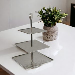 14" Silver Square Stainless Steel Hammered Three Tier Tray