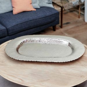 13" Silver Oval Stainless Steel Hammered Serving Tray