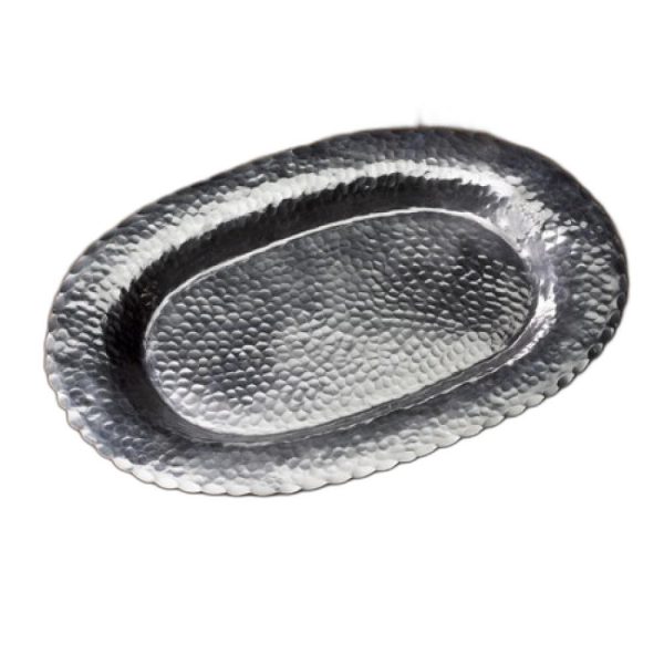 13" Silver Oval Stainless Steel Hammered Serving Tray - Image 2