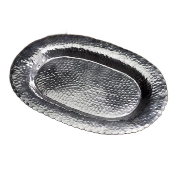 13" Silver Oval Stainless Steel Hammered Serving Tray - Image 3