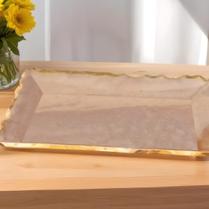 14" Clear and Gold Bubble Glass Scalloped Rim Rectangular Tray