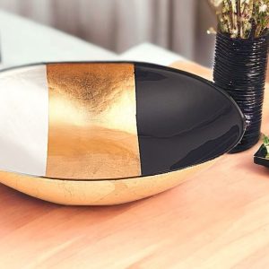 12" Gold Black and White Oval Glass Serving Bowl