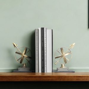 Set of Two Gold Metal Sphere Compass Decorative Bookends