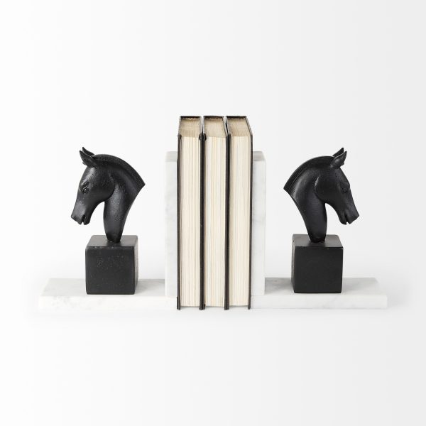 Black Stallion On White Marble Bookends - Image 2