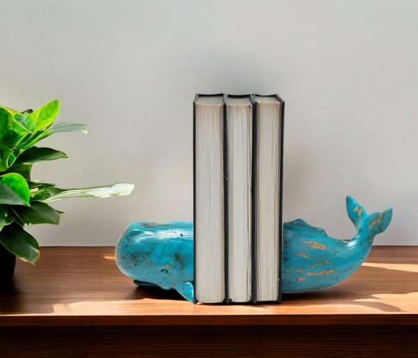 Set of Two Aqua Resin Whale Decorative Bookends - Image 2