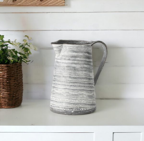 11" Gray and White Abstract Metal Jug Vase - Image 2