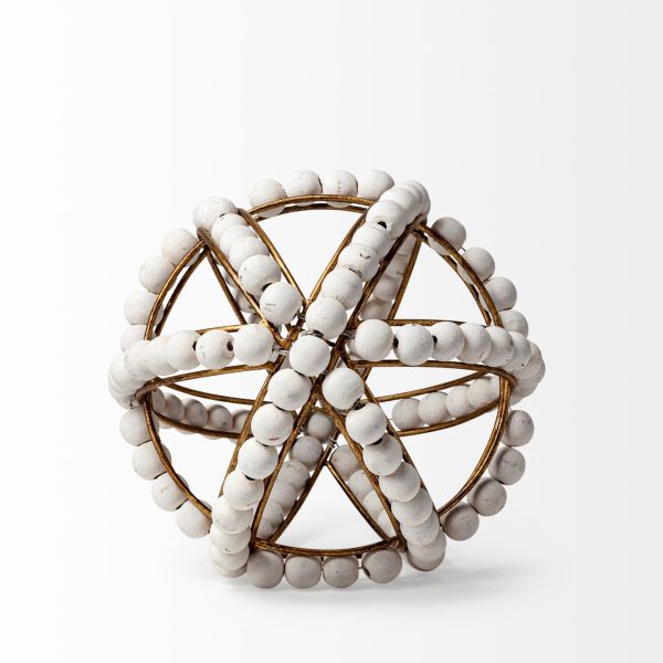 9" White Wooden Bead And Gold Orb Sculpture - Image 2