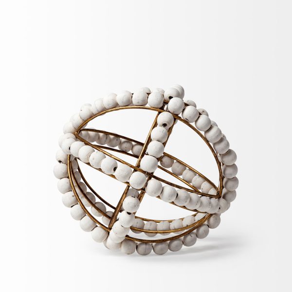 9" White Wooden Bead And Gold Orb Sculpture - Image 3