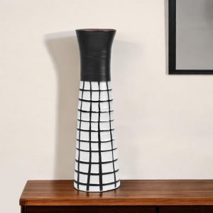 17" Black and White Modern Grid Ceramic Vase