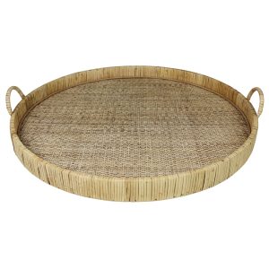 24" Natural Round Earthenware Indoor Outdoor Tray With Handles