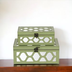 Set of Green Quatrefoil Mirror Jewelry Storage Boxes