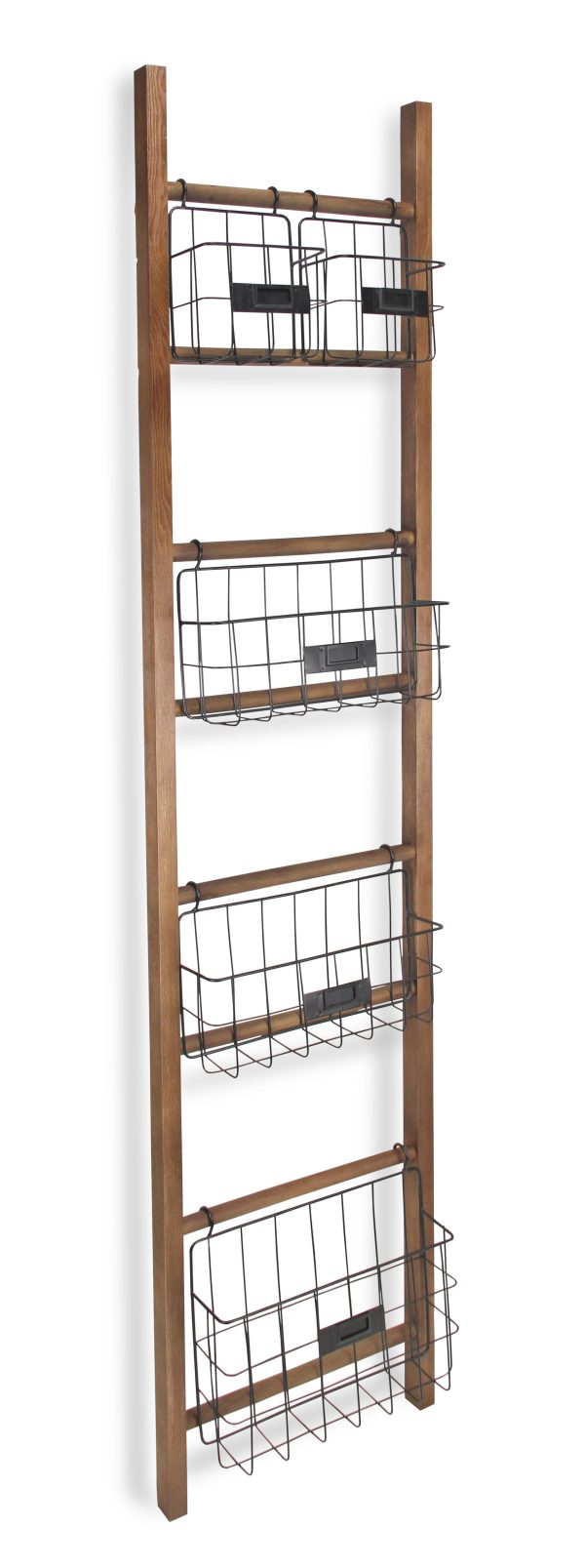 63" Natural and Black Wood And Metal Storage Shelf With Metal Baskets - Image 2