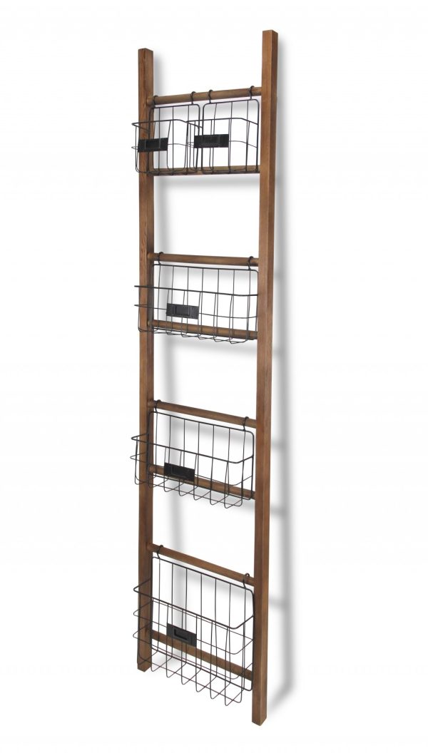 63" Natural and Black Wood And Metal Storage Shelf With Metal Baskets - Image 3