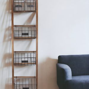 63" Natural and Black Wood And Metal Storage Shelf With Metal Baskets